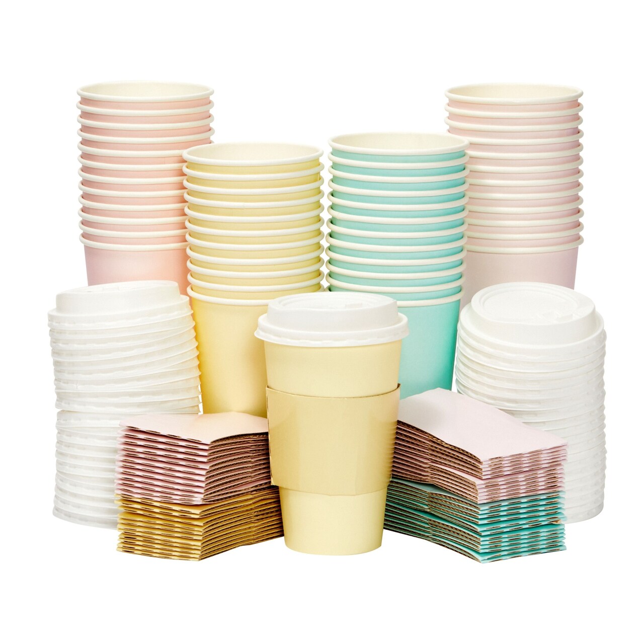 16 oz Disposable Coffee Cups with Lids and Sleeves, Paper Insulated for Hot  To Go Drinks (4 Pastel Colors, 48 Pack)